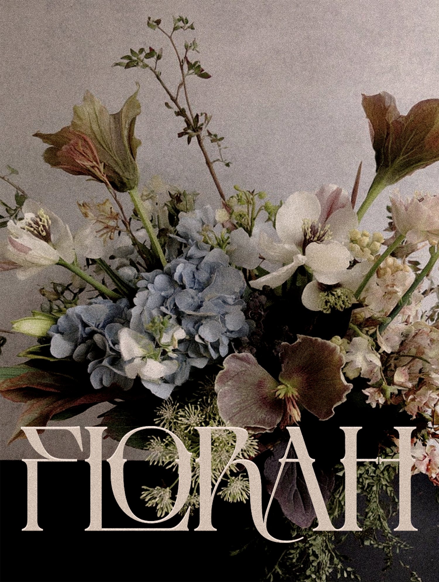 Florah floral design studio bouquet artwork with vintage packaging texture and moody botanical art direction