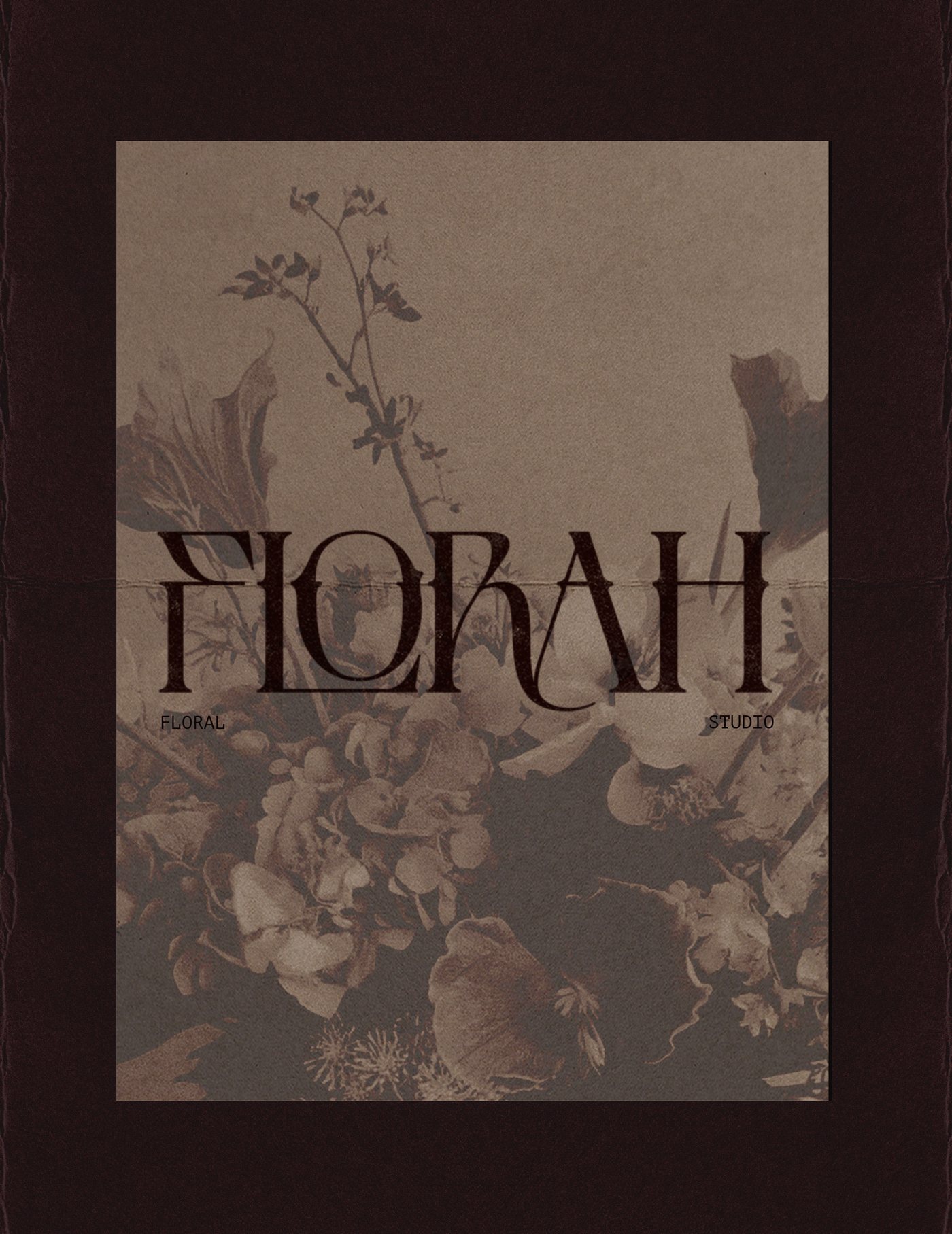 Florah antique plum monochrome brand portrait with bespoke floral studio identity and heritage print mood