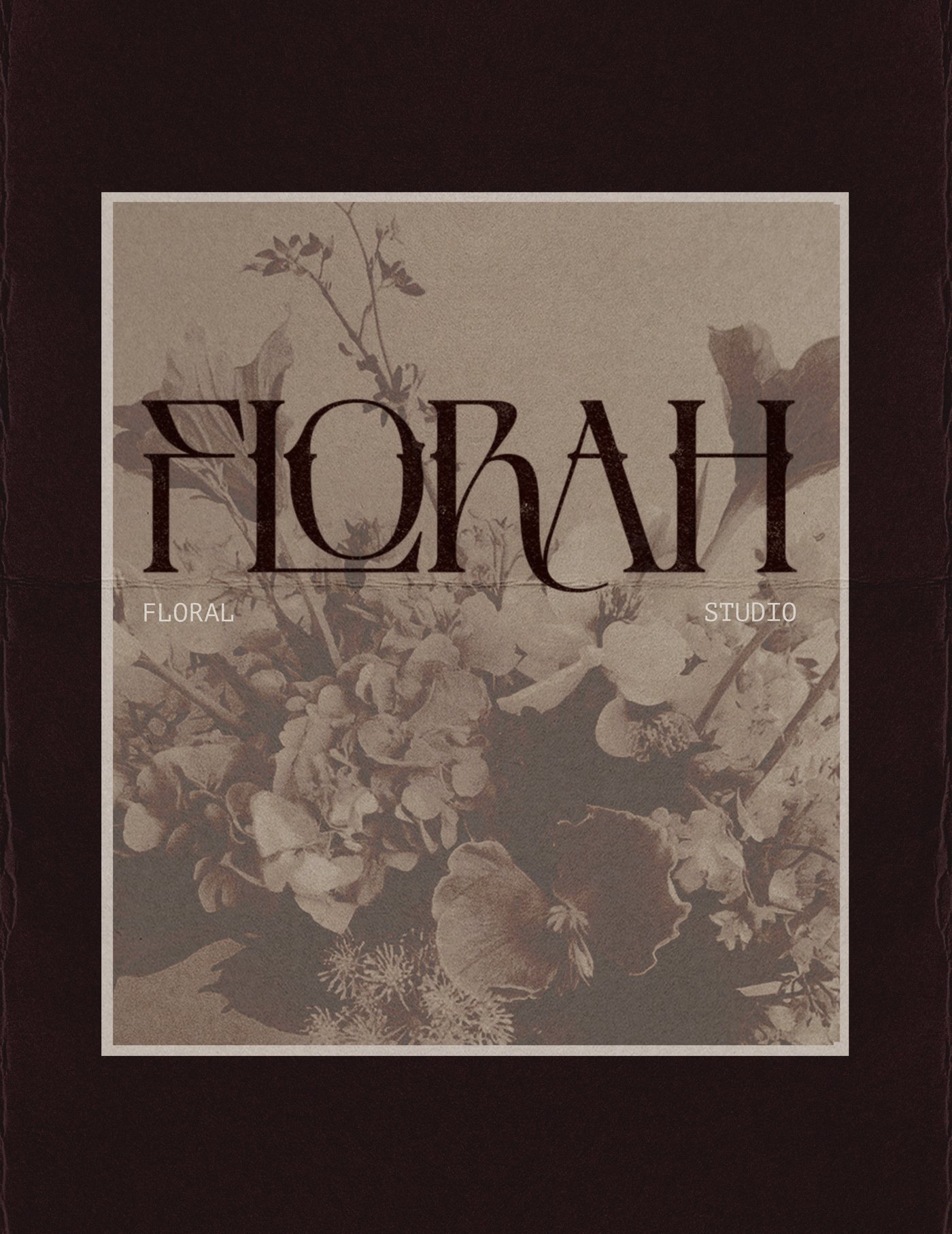 Florah portrait brand artwork with a dark floral studio identity treatment, antique botanical mood and Studio RJL styling