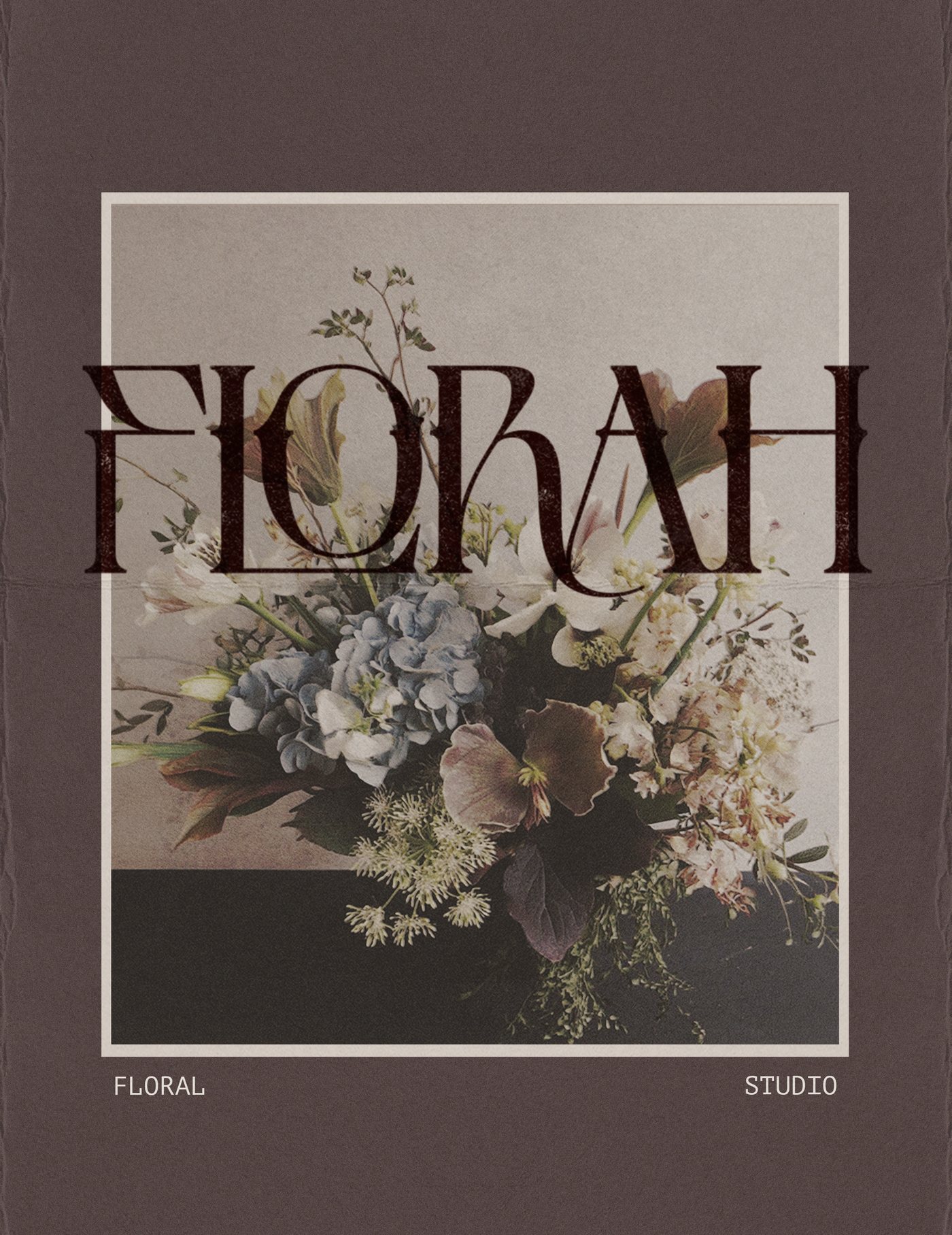 Florah dark portrait brand composition with rich plum tones, floral emblem and atmospheric studio identity styling