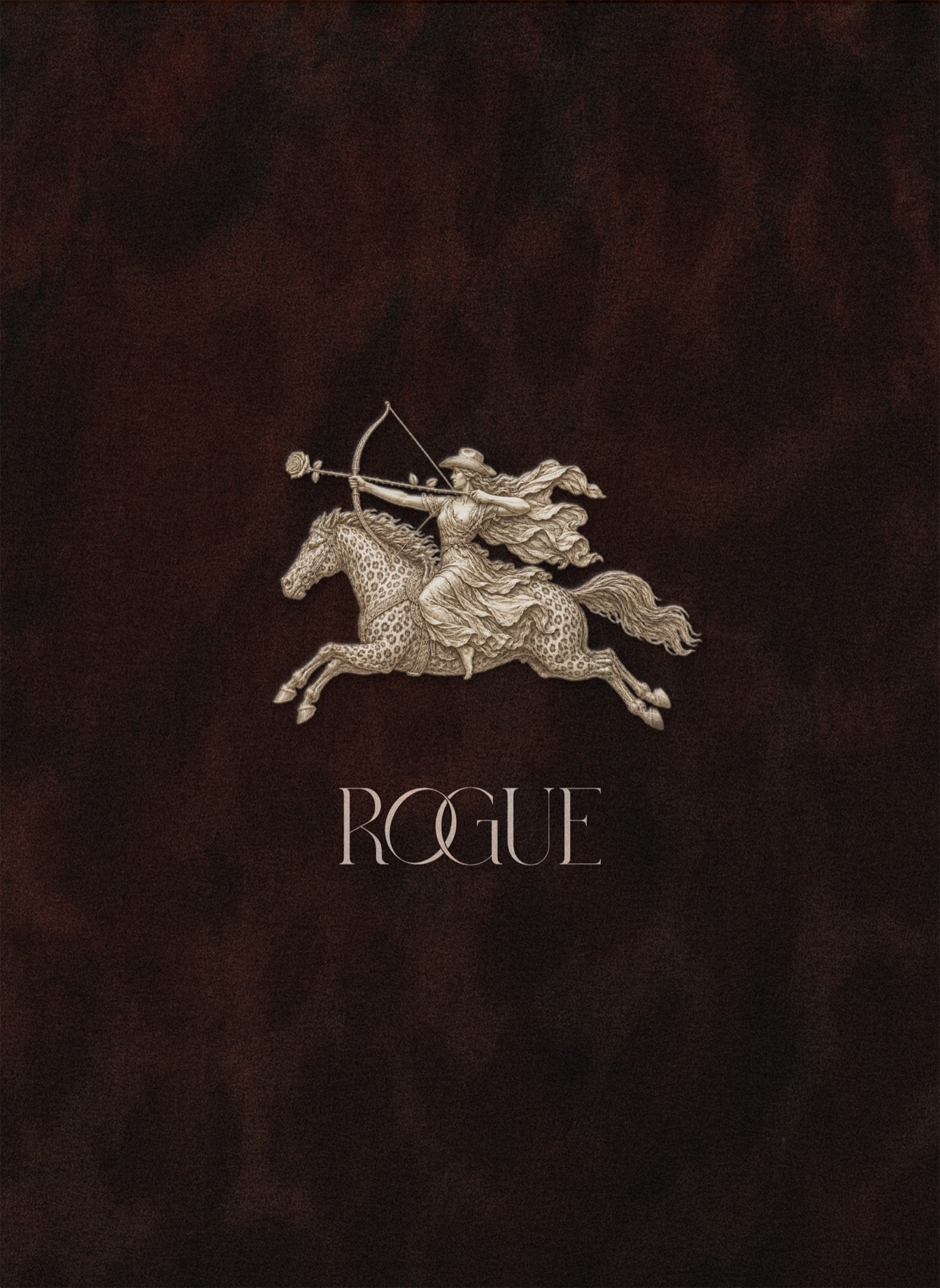 Rogue cover artwork with an illustrated heroine riding a leopard-spotted horse above a refined wordmark on a dark textured field