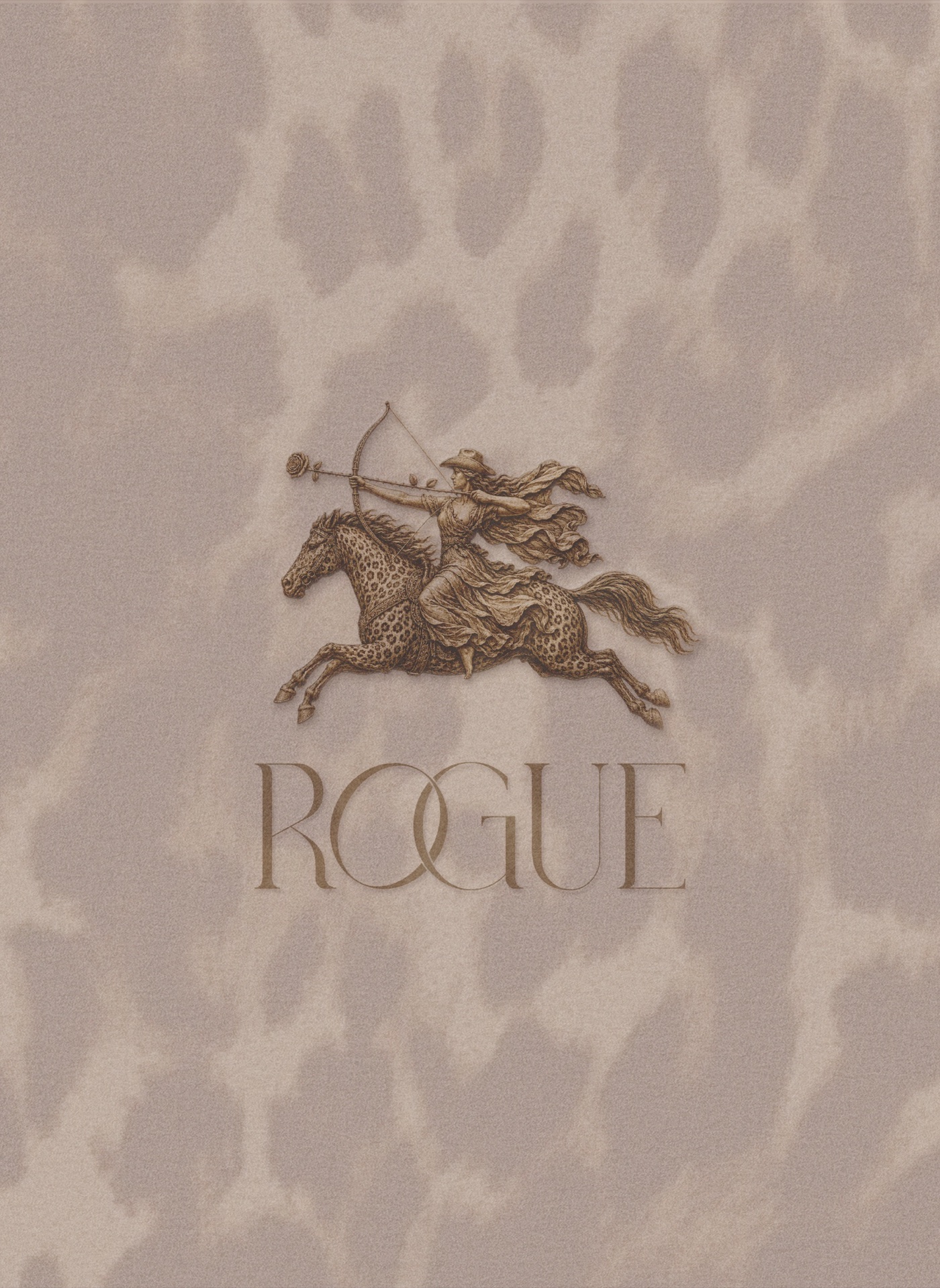 Rogue heroine emblem and elegant serif wordmark set over a pale leopard print inspired texture